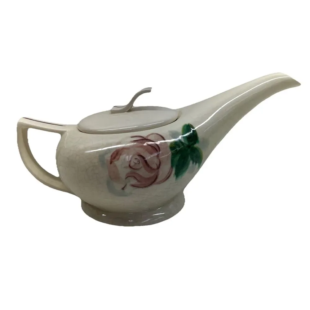 RED WING POTTERY LEXINGTON ROSE TEA POT W/LID PORCELAIN - GENIE LAMP SHAPED‎